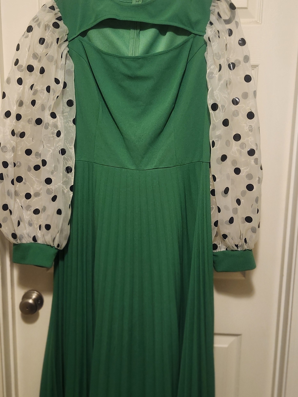 Green Pleated Midi Dress with Polka Dot Sheer Sleeves